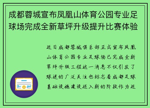 成都蓉城宣布凤凰山体育公园专业足球场完成全新草坪升级提升比赛体验